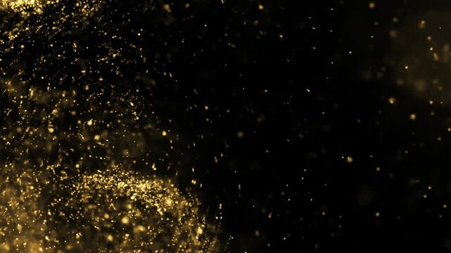 Gold Dust Waves. Particle gold dust flickering on black background. Gold Particles Moving Background. Particle from below. 4k abstract Footage background for text.