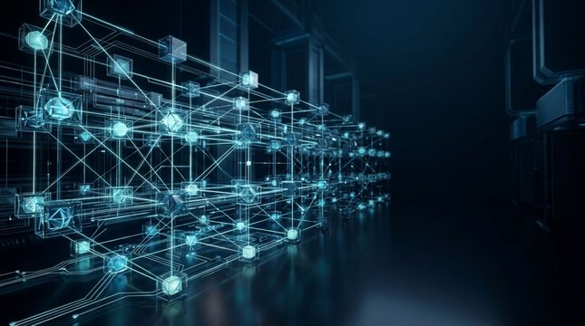 Abstract digital blockchain network structure with glowing nodes and lines display.