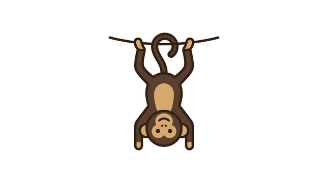 Cute cartoon monkey hanging upside down from a branch, playful primate, simple illustration, isolated on white background, fun animal character