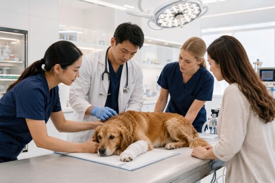 Comprehensive veterinary clinic services including pet grooming, ultrasound examination, nutrition consultation, digital x-ray diagnosis, and surgical team care.