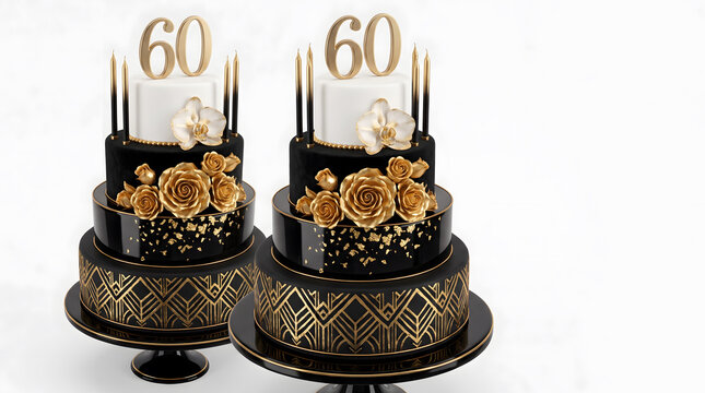 uxury three tier black birthday cake decorated with golden roses and number 60