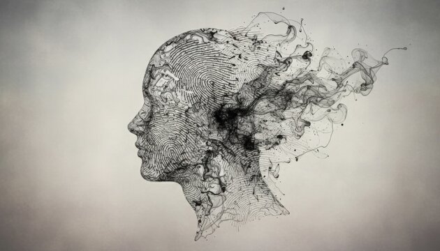 Artistic profile of human head made of fingerprint patterns and ink smoke trails on gray textured background