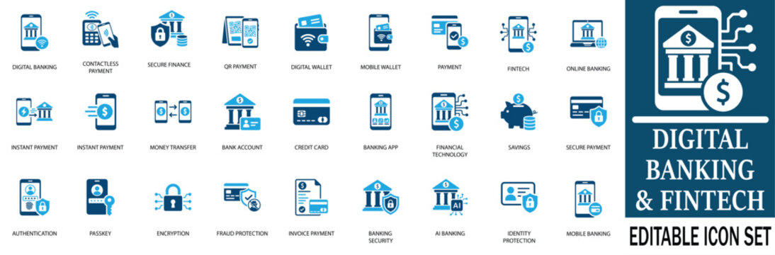 Digital banking and fintech icon set vector illustration. Modern finance, mobile payment, secure online money transfer, and cryptocurrency symbols for apps and web.
