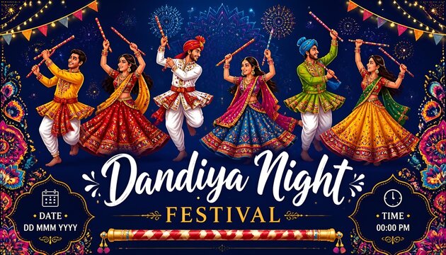 Dandiya in disco Garba Night banner poster for Navratri Dussehra festival of India