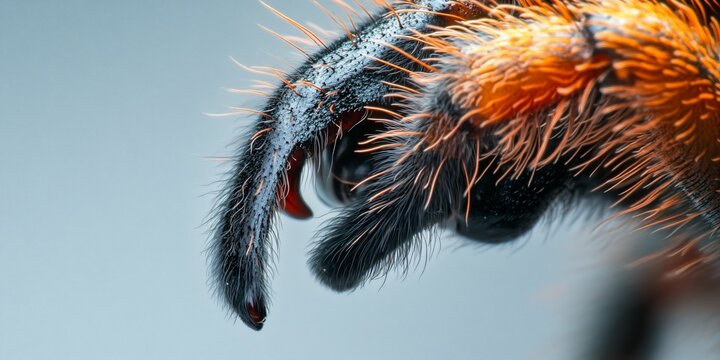 Close-up spider leg, orange hairs, macro. Nature photography