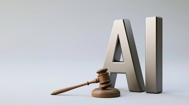 Artificial intelligence letters with wooden judge gavel illustrating regulation of AI generated content, copyright, compliance and legal responsibility. Suitable for legal, technology and business the