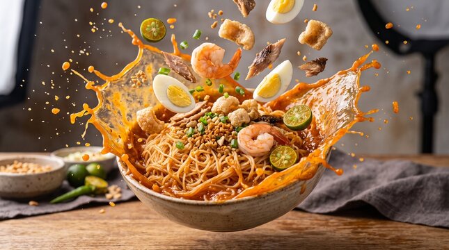 Pancit Palabok noodles splashing