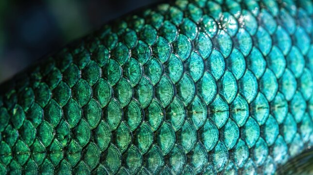 Macro close up of vibrant green fish scales showing detailed texture and natural pattern, abstract biological background with shiny iridescent colors and organic structure details.