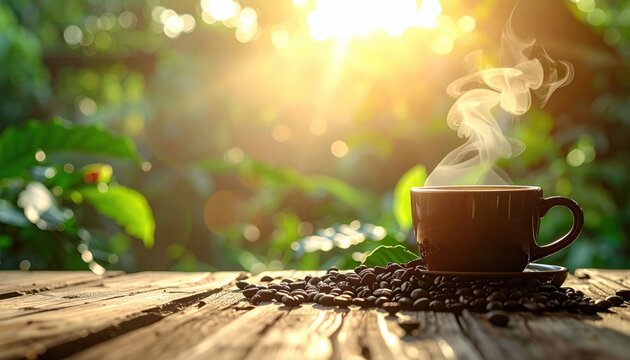 Steaming cup of coffee on a rustic wooden table surrounded by roasted beans under warm morning sunlight in a garden