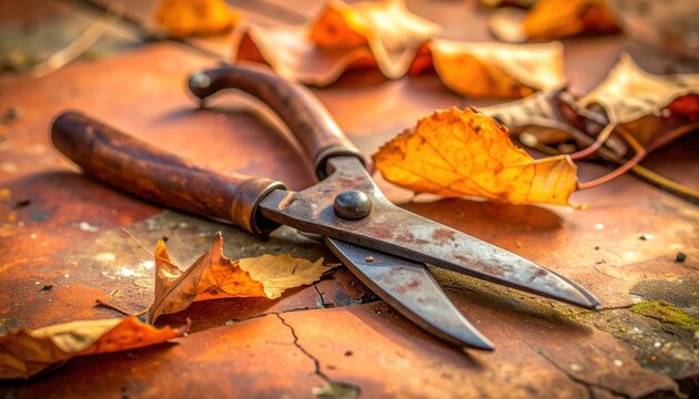 Vintage rusty metal pruning shears lie on textured surface among dry orange autumn leaves in warm sunlight