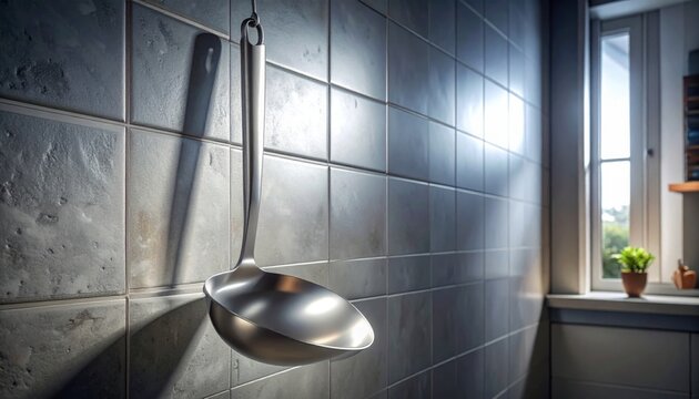 Modern stainless steel soup ladle hanging against a grey tiled kitchen wall with soft natural light coming from a window