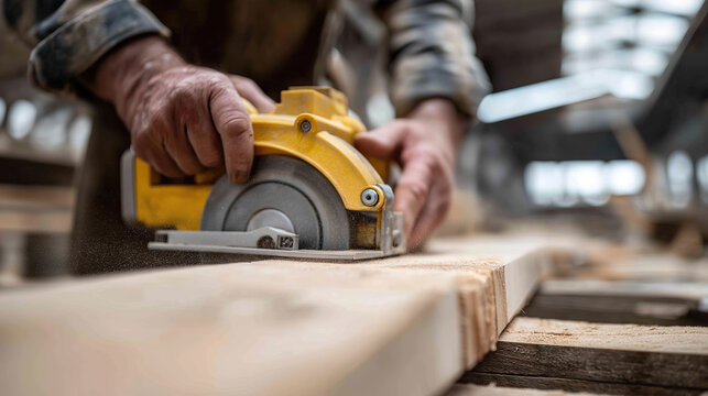 Carpenter cutting wooden plank with yellow circular power saw in outdoor construction workshop site.