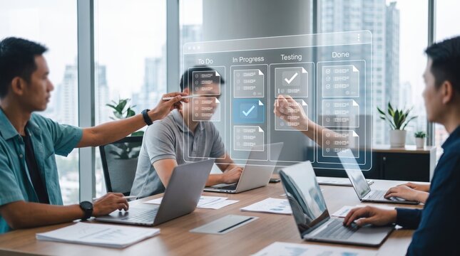 Creative team collaborating around conference table using transparent kanban board interface to manage agile project workflow tasks from to do to done