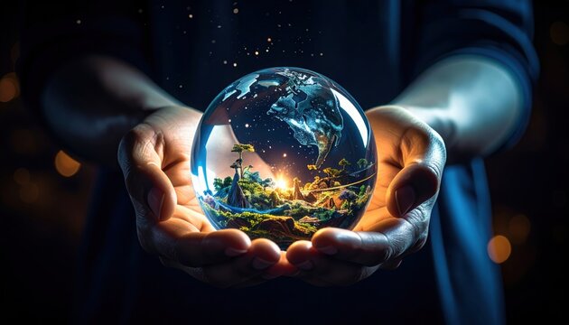Glow from glass orb held in cupped hands revealing miniature lush forest landscape under dark blue sky