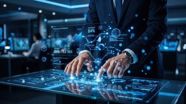 Business executive analyzing data on futuristic holographic interface screen in modern office, digital transformation and corporate strategy planning concept.