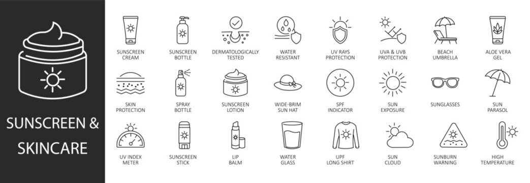 Sunscreen and skincare line icons set including SPF protection, lotion bottle, UV index, dermatologically tested, aloe vera gel, and sun protection elements for cosmetics and UI design.