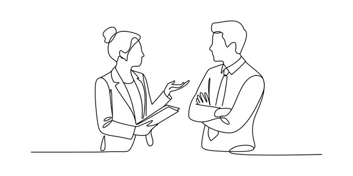 continuous line drawing Business woman and man talking and working together in the office