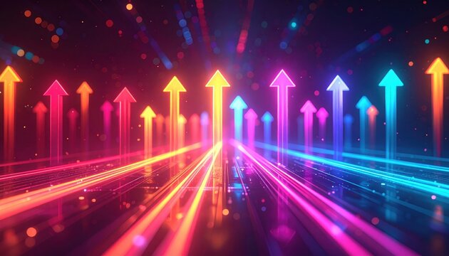Dynamic neon arrows pointing upward in multiple colors moving across glowing digital floor in dark space