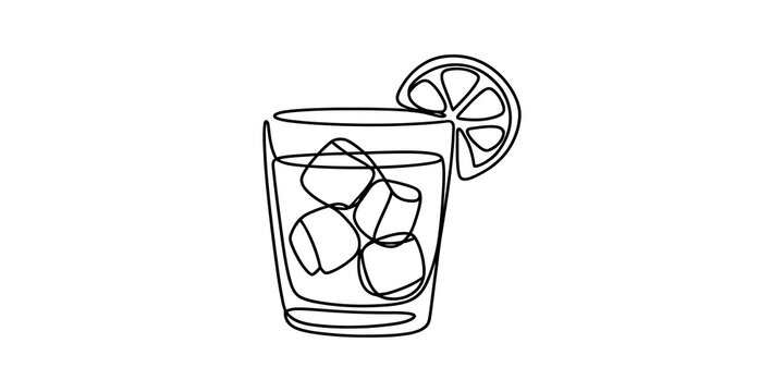 Continuous line drawing of a glass of cold drink with ice cubes and lime slice