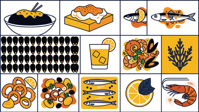 Traditional Venetian Cicchetti and Seafood Icon Grid Set Featuring Squid Ink Pasta Polenta Baccala Sardines in Saor Calamari Rings and Prawn Vector