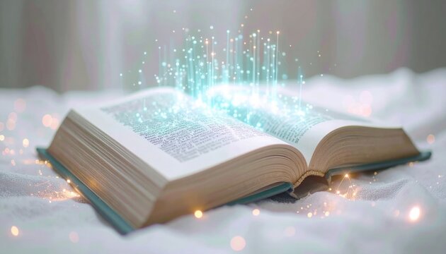 Vintage open book with pages emitting glowing blue light particles and magical sparkles resting on a soft white fabric background