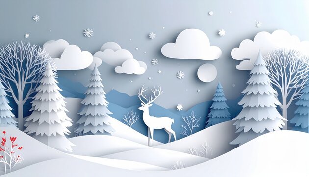 White deer stands in minimalist paper cut winter landscape with blue mountains and snowy trees under soft sky