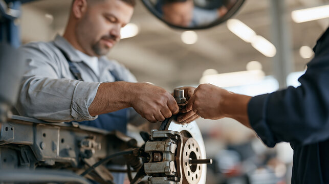 Automotive mechanic's grease stained hands removing a seized caliper bolt in a busy industrial garage, dual viewpoint setup visible in workshop mirror above, brake system