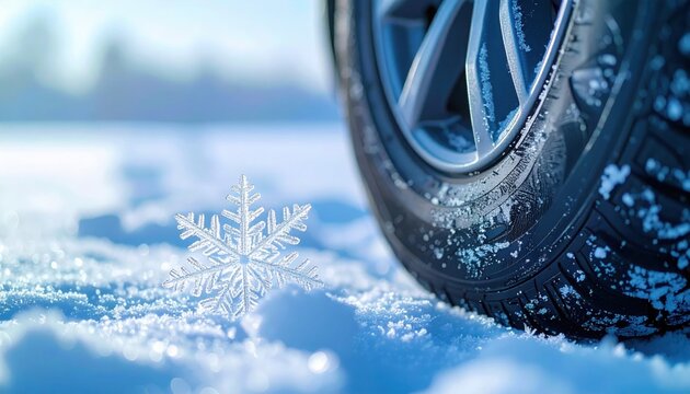 Large crystal snowflake resting on a snowy surface near a parked car wheel during a bright winter morning outdoors