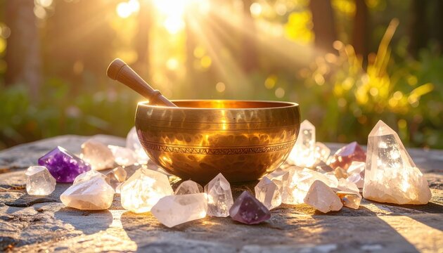 Golden brass singing bowl surrounded by various natural quartz crystals and amethysts on stone surface in warm sunlight