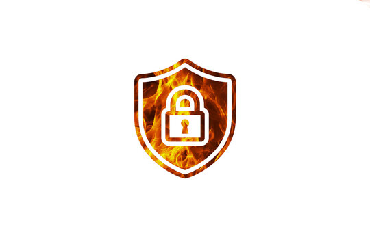 Firewall Shield and Padlock Icon with Flame Texture on White Background representing Cybersecurity and Data Protection