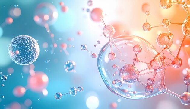 Abstract scientific illustration of transparent molecular structures and cells floating in blue and orange light