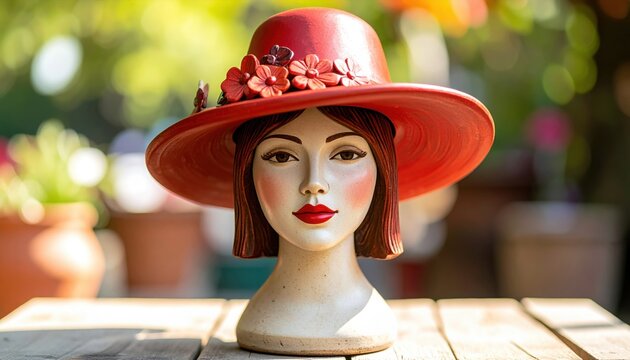 Mannequin head with short brown hair wearing a stylish wide brimmed red hat decorated with ceramic flowers on a wooden table outdoors