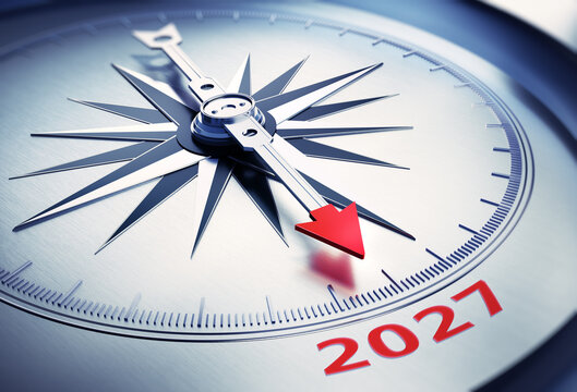 Silver compass with needle pointing to the year number 2027 - Concept for Future Planning and Vision - 3D illustration
