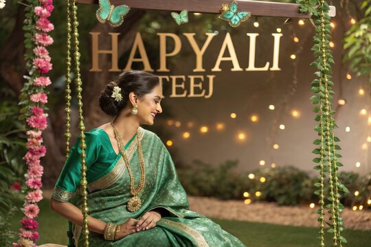 Happy Hariyali Teej portrait with traditional jewelry and garden swing.