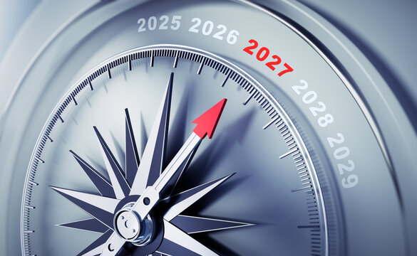 Silver compass with needle pointing to the year number 2027 - Concept for Future Planning and Vision - 3D illustration