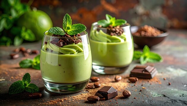 Smooth green avocado mousse topped with fresh mint leaves and chocolate shavings in glass cups surrounded by cocoa beans on rustic brown texture