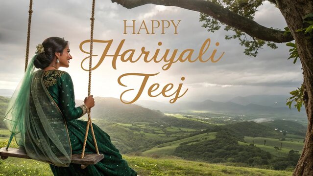 Happy Hariyali Teej portrait with woman on swing and mountain view.