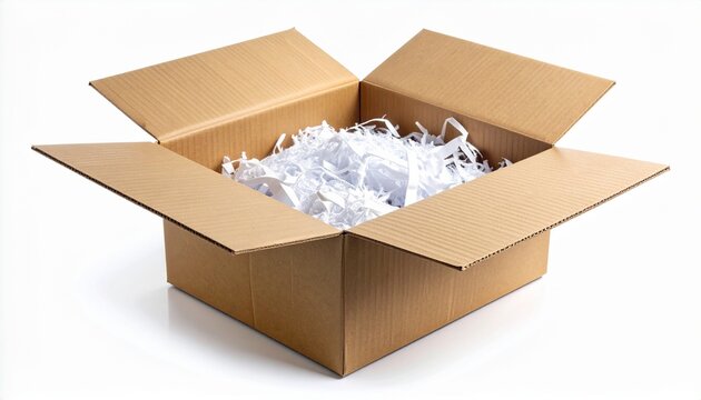 Open cardboard box with shredded packing paper, symbolizing protection, utility, resilience, preparation, identity, culture, tradition, authenticity, balance, preservation.