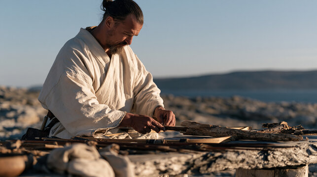 Fletcher crafting arrows from weathered driftwood shafts in an empty windswept coastal plain, traditional archery equipment making, wide establishing view of desolate shoreline,