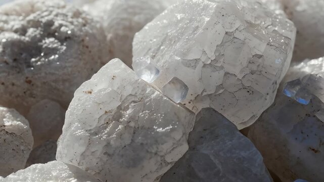 Extreme Macro Coarse Mineral Salt Crystals: Rugged Translucent Formations, Angular Facets, Natural Geological Textures for Science, Food, Wellness, Abstract Backgrounds Video