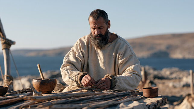 Fletcher crafting arrows from weathered driftwood shafts in an empty windswept coastal plain, traditional archery equipment making, wide establishing view of desolate shoreline,