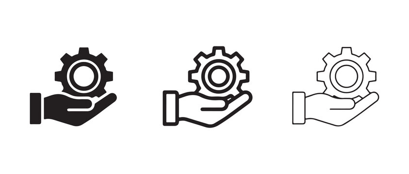 Hand Holding Gear Icons in Different Styles Showing Support or Technical Assistance Concepts Isolated on Transparent Background