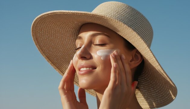 Young woman applying white sunscreen on face with eyes closed while wearing summer hat under clear blue sky