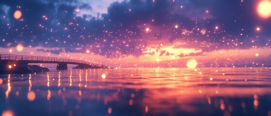 Fototapeta premium Magical sunset over tranquil ocean, bridge; fantasy background