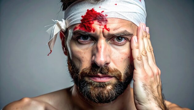 Man with a bloody head bandage looking at camera while touching his head in a studio portrait against a plain gray background