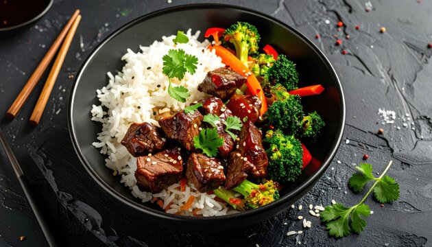 Beef stir fry bowl with white rice and broccoli served in a black ceramic dish