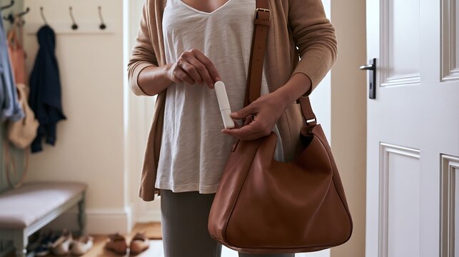 Woman putting a peptide injection pen into her shoulder bag before leaving home. Portable healthcare concept for diabetes care, weight management, hormone therapy and everyday medication