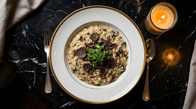 Gourmet truffle risotto served on fine porcelain plate with gold rim, black marble table, glowing candle, elegant fine dining and luxury Italian cuisine