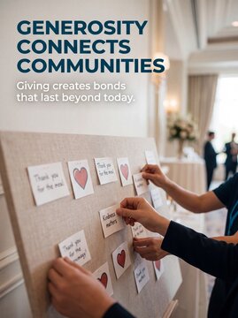 People attaching handwritten thank you notes with heart drawings onto a fabric bulletin display board