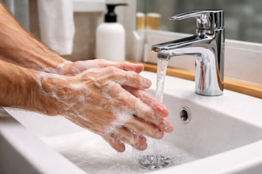 Closeup of a man washing his hands with soap under running water in a bathroom sink
